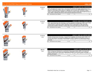 100
$150.00
W0057
GS0273 | NIKE GK CONFIDENCE
GRIP: Articulated 4mm Contact Foam + 3mm foam Palm absorbs shot impact, enhances grip. FIT: 3-
Way Micro-Adjustment enables custom fit in fingertips, palm and wrist. PERFORMANCE: Power-Punch
Platform for more effective shot clearances. DESIGN: Pre-Curved Bio-Align Technology positions
hands in catch-ready position. DESIGN: Cross-Ventilation provides cooling airflow for palm and back-of
-hand. WRIST: Half-Wrap Wrist Belt provides enhanced adjustment and security.
100 WHITE/WHITE//TOTAL ORANGE 7/1-7/31 7-11 ■
100
$120.00
W0006
GS0274 | NIKE GK PREMIER SGT
GRIP: Laser-etched Sipe Grip Technology on palm for ultimate all conditions grip. GRIP: 4 mm Contact
Foam absorbs shot impact and enhances the grip. DESIGN: Pre-Curved Bio-Align Technology
positions hands in catch-ready position. GRIP: Nike Touch Tactile Nodes for a slip-free fit and an
enhanced feel. DESIGN: One-Piece, Ventilated Back of Hand provides superior comfort and feel.
100 WHITE/WHITE//TOTAL ORANGE 7/1-7/31 7-11 ■
100
$120.00
W0006
GS0275 | NIKE GK VAPOR GRIP 3
DESIGN: Patented Grip3 Technology - wrapped thumb, forefinger, and pinky for control. GRIP: 4 mm
Contact Foam absorbs shot impact and enhances grip. WRIST: Wraparound Wristband provides an
easy adjustment and a comfortable fit. BACKHAND: Ventilated Mesh for cool airflow between fingers -
brow wipe.
100 WHITE/WHITE//TOTAL ORANGE 7/1-7/31 7-12 ■
100
$80.00
W0004
GS0277 | NIKE GK SPYNE PRO
WRIST: Wraparound Wristband for a comfortable fit that is easy to adjust. GRIP: 3 mm Super-Soft
Latex Foam absorbs shot impact and enhances grip. DESIGN: Pre-Curved Bio-Align Technology
positions hands in catch-ready position. PROTECTION: T90 Spyne Finger Supports for enhanced shot-
blocking and stability.
100 WHITE/WHITE//TOTAL ORANGE 7/1-7/31 6-11 ■
FALL 2015 EQUIPMENT|Sport Accessories|GK Gloves nike.net
● New Model ■ New Color c/o Carryover Page: 111
 