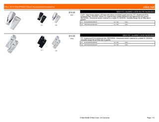 011 103
$15.00
W057
SE0173 | GUARD LOCK ELITE SLEEVES
CUFF: High-friction elastic cuff lined with silicon increases guard security. FIT: Anatomical fit for
enhanced feel. DESIGN: Interior PU material disk creates additional grip against the shin guard.
MATERIAL: Directional stretch material for a better fit. DESIGN: Versatile design fits all Nike slip-in
guards.
011 BLACK/WHITE//WHITE c/o -10/2 S,M,L
103 WHITE/BLACK//BLACK c/o -10/2 S,M,L
011
103
$10.00
W005
SE0174 | GUARD LOCK SLEEVES
FIT: Anatomical fit for enhanced feel. MATERIAL: Directional stretch material for a better fit. DESIGN:
Versatile design fits all Nike slip-in guards.
011 BLACK/WHITE//WHITE c/o -10/2 S,M,L
103 WHITE/BLACK//BLACK c/o -10/2 S,M,L
FALL 2015 EQUIPMENT|Sport Accessories|Accessories nike.net
● New Model ■ New Color c/o Carryover Page: 113
 