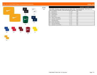 001 101
301
401
498 610 611
699
701
761
$7.00
W053
SE0047 | GUARD STAY II
INCLUDES: One pair - one strap for each leg. IDEAL FOR: Preventing slippage. Wear below or at
base of shinguard. DESIGN: Hook-and-loop fastening strap in team colors.
001 BLACK/WHITE// c/o -10/2 1SIZE
101 WHITE/BLACK// c/o -10/2 1SIZE
301 FOREST///WHITE c/o -1/2 1SIZE
401 NAVY///WHITE c/o -1/2 1SIZE
498 VARSITY ROYAL///WHITE c/o -1/2 1SIZE
610 UNIVERSITY RED///WHITE c/o -1/2 1SIZE
611 TEAM RED///WHITE c/o -1/2 1SIZE
699 VARSITY RED///WHITE c/o -1/2 1SIZE
701 TOUR YELLOW///WHITE c/o -1/2 1SIZE
761 UNIVERSITY GOLD///WHITE c/o -1/2 1SIZE
FALL 2015 EQUIPMENT|Sport Accessories|Accessories nike.net
● New Model ■ New Color c/o Carryover Page: 114
 