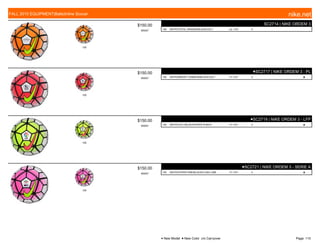 100
$150.00
W0057
SC2714 | NIKE ORDEM 3
100 WHITE/TOTAL ORANGE/BLACK/VOLT c/o -7/31 5
100
$150.00
W0057
●SC2717 | NIKE ORDEM 3 - PL
100 WHITE/BRIGHT CRIMSON/BLACK/VOLT 7/1-7/31 5 ■
100
$150.00
W0057
●SC2719 | NIKE ORDEM 3 - LFP
100 WHITE/VOLT/BLACK/HYPER PUNCH 7/1-7/31 5 ■
100
$150.00
W0057
●SC2721 | NIKE ORDEM 3 - SERIE A
100 WHITE/HYPER PINK/BLACK/FLASH LIME 7/1-7/31 5 ■
FALL 2015 EQUIPMENT|Balls|Inline Soccer nike.net
● New Model ■ New Color c/o Carryover Page: 115
 