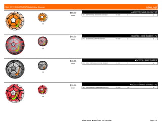 100
$80.00
W0004
●SC2723 | NIKE CATALYST
100 WHITE/TOTAL ORANGE/BLACK/VOLT 7/1-7/31 5 ■
010
$45.00
W0522
●SC2740 | NIKE SABER - PL
010 BLACK/COOL GREY/BLACK/VOLT 7/1-7/31 5 ■
012
$40.00
W0002
●SC2739 | NIKE SABER
012 WOLF GREY/BLACK//TOTAL ORANGE 7/1-7/31 5 ■
100
$35.00
W0571
●SC2731 | NIKE STRIKE - PL
100 WHITE/BRIGHT CRIMSON/BLACK/VOLT 7/1-7/31 3-5 ■
FALL 2015 EQUIPMENT|Balls|Inline Soccer nike.net
● New Model ■ New Color c/o Carryover Page: 116
 