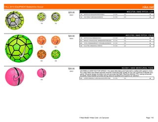 100 702
$25.00
W0521
●SC2726 | NIKE PITCH - LFP
100 WHITE/VOLT/BLACK/HYPER PUNCH 7/1-7/31 3-5 ■
702 VOLT/WOLF GREY/BLACK/WHITE 7/1-7/31 3-5 ■
100 803
804 336
$20.00
W0001
●SC2790 | NIKE PITCH - FA15
100 WHITE/TOTAL ORANGE//VOLT 7/1-7/31 3-5 ■
803 BRIGHT CITRUS/TOTAL ORANGE/WHITE/BLACK 7/1-7/31 3-5 ■
804 TOTAL ORANGE/BRIGHT CITRUS/BLACK/WHITE 7/1-7/31 3-5 ■
336 ELECTRIC GREEN/VOLT//WHITE 7/1-7/31 3-5 ■
639
$20.00
W0001
SC2361 | NIKE MERCURIAL FADE
26 PANELS CRAFTED FOR SPEED. The sleek Nike Mercurial Fade ball is crafted with speed in mind.
Its 2-year stitch and shape warranty ensures continued high quality so you can continue to elevate your
game. 26-panel design provides true and accurate ball flight. Machine-stitched TPU casing enhances
durability. Butyl bladder provides strong rebound qualities and superior air retention.
639 HYPER PINK/WOLF GREY/BLACK/HYPER PINK 7/1-7/31 3-5 ■
FALL 2015 EQUIPMENT|Balls|Inline Soccer nike.net
● New Model ■ New Color c/o Carryover Page: 119
 