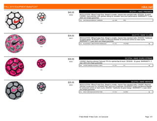 100
$40.00
W0002
SC2741 | NIKE PREMIER
REGULATION: Official Futsal Size, Weight is smaller, heavier than standard balls. DESIGN: 32-panel.
CASING: Hand-stitched, soft, grained casing for versatile, hard-court performance. WARRANTY: 2 year
stitch and shape guarantee.
100 WHITE/BLACK//BRIGHT CRIMSON c/o -4/30 PRO
010
$35.00
W0571
SC2773 | NIKE CLUBE
REGULATION: Official Futsal Size, Weight is smaller, heavier than standard balls. DESIGN: Traditional
32-panel design. BLADDER:Tuned Low-Bounce Bladder for enhanced control on hard courts.
WARRANTY: 2 year stitch and shape guarantee.
010 BLACK/WOLF GREY/HYPER PINK/BLACK 7/1-7/31 YTH,PRO ■
639
$30.00
W0051
SC2754 | NIKE DURO STRIKE
CASING: Machine stitched Textured TPU for optimal feel & touch. DESIGN: 32-panel. WARRANTY: 2
year stitch and shape guarantee.
639 HYPER PINK/BLACK//WOLF GREY 7/1-7/31 3-5 ■
012
$25.00
W0521
SC2752 | NIKE MENOR
REGULATION: Official Futsal Size, Weight is smaller, heavier than standard balls. CASING: Machine-
Stitched Construction for consistent feel, hard-court toughness. BLADDER:Tuned Low-Bounce Bladder
for enhanced control on hard courts. DESIGN: Traditional 32-panel design. WARRANTY: 2 year stitch
and shape guarantee.
012 WOLF GREY/BLACK//HYPER PINK 7/1-7/31 3-5,PRO ■
FALL 2015 EQUIPMENT|Balls|FC247 nike.net
● New Model ■ New Color c/o Carryover Page: 121
 