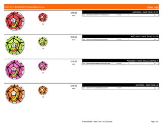 100
$15.00
W057
●SC2690 | NIKE SKILLS PL
100 WHITE/BLACK/BRIGHT CRIMSON/VOLT 7/1-7/31 1 ■
100
$15.00
W057
●SC2691 | NIKE SKILLS LFP
100 WHITE/VOLT/BLACK/HYPER PUNCH 7/1-7/31 1 ■
100
$15.00
W057
●SC2692 | NIKE SKILLS SERIE A
100 WHITE/HYPER PINK/BLACK/FLASH LIME 7/1-7/31 1 ■
100
$15.00
W057
●SC2689 | NIKE SKILLS
100 WHITE/TOTAL ORANGE/BLACK/VOLT 7/1-7/31 1 ■
FALL 2015 EQUIPMENT|Balls|Skills Soccer nike.net
● New Model ■ New Color c/o Carryover Page: 122
 