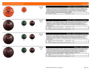 801
$35.00
W0571
BB0533 | LEBRON XII ALL COURTS (7)
VERSATILE USE FOR HIGH-PERFORMANCE PLAY. The LeBron XII All Courts (7) basketball is as
versatile as King James. It can be used on hardwood courts or outdoors and sports wraparound panel
construction for a consistent touch. High-performance composite leather for a soft feel and great
durability. Wraparound panel construction provides a consistent touch and shot rotation. Rotationally
wound butyl bladder for superior shape retention and durability.
801 AMBER COURT///BLACK LEBRON JAMES c/o -10/5 7
360 013
$22.00
W0011
BB0534 | LEBRON XII PLAYGROUND (7)
WORK HARD. PLAY HARDER. Designed to match LeBron James' on-court precision, the Lebron XII
Playground (7) outdoor ball boasts cushioned rubber and wraparound panel construction for a more
consistent touch and shot rotation. Cushioned rubber cover for a great grip. Wraparound panel
construction provides a consistent touch. Molded deep-channel design provides easy hand alignment
and ball control.
360 GREEN PULSE/MULTI-COLOR/BLACK/GREEN
PULSE
LEBRON JAMES 7/1-10/5 7
013 BLACK/WHITE/UNIVERSITY RED/UNIVERSITY RED LEBRON JAMES c/o -10/5 7
360 013
$22.00
W0011
BB0535 | LEBRON XII PLAYGROUND (6)
WORK HARD. PLAY HARDER. Designed to match LeBron James' on-court precision, the LeBron XII
Playground (7) outdoor ball boasts cushioned rubber and wraparound panel construction for a more
consistent touch and shot rotation. Cushioned rubber cover for a great grip. Wraparound panel
construction provides a consistent touch. Molded deep-channel design provides easy hand alignment
and ball control.
360 GREEN PULSE/MULTI-COLOR/BLACK/GREEN
PULSE
LEBRON JAMES 7/1-10/5 6
013 BLACK/WHITE/UNIVERSITY RED/UNIVERSITY RED LEBRON JAMES c/o -10/5 6
360 013
$12.00
W006
BB0536 | LEBRON XII MINI
CONSISTENT TOUCH ON ANY COURT. Inspired by the precise ball handling skills of LeBron James,
the LeBron XII Mini basketball is ideal for recreational play and skills training. Its vulcanized rubber
cover is built for outdoor use so you can take your game to the next level anytime, anywhere.
Vulcanized rubber cover provides exceptional weather and abrasion resistance. Rotationally wound
butyl carcass for superior shape retention and durability. Designed for outdoor use.
360 GREEN PULSE/MULTI-COLOR/BLACK/GREEN
PULSE
LEBRON JAMES 7/1-10/5 3
013 BLACK/WHITE/UNIVERSITY RED/UNIVERSITY RED LEBRON JAMES c/o -10/5 3
FALL 2015 EQUIPMENT|Balls|Basketball nike.net
● New Model ■ New Color c/o Carryover Page: 124
 