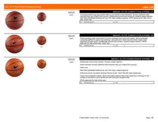 801
$32.00
W0061
BB0446 | ELITE COMPETITION 8-PANEL (7)
Composite leather high-grip pebble offers a sure handle on the hardwood. Shooter-preferred wide
channels help your fingers find a groove. Rotationally wound butyl carcass for superior shape retention.
Nike Elite basketballs preferred by over 250 major college programs. NFHS approved for high school
play. Indoor use.
801 ORANGE///BLACK c/o -10/5 .
801
$32.00
W0061
BB0445 | ELITE COMPETITION 8-PANEL (6)
Patent-pending panel construction for more consistent touch and shot rotation. Micro-perforated
composite leather for sweat -free handling / ultra-soft touch. Wide channel profile / Easier hand
alignment and ball control. Rotationally wound butyl carcass / Superior shape retention. NFHS
approved for high school play. Indoor use.
801 ORANGE///BLACK c/o -10/5 6
801
$70.00
W0053
BB0403 | ELITE CHAMPIONSHIP 8-PANEL (7)
Rotationally wound butyl carcass / Superior shape retention
Wide channels/ Shooter-preferred wide channels help your fingers find a groove
Indoor use
Nike Elite basketballs preferred by over 250 major college programs
Soft-touch woven microfiber backing/ Delivers a soft, indoor feel with deep-pebble grip
Game-Dry Composite Leather / Micro-perforated material helps keep sweat from collecting on the
surface of the ball for a sure handle and ultra-soft touch all game long
NFHS approved for high school play
801 ORANGE///BLACK c/o -10/5 7
FALL 2015 EQUIPMENT|Balls|Basketball nike.net
● New Model ■ New Color c/o Carryover Page: 126
 