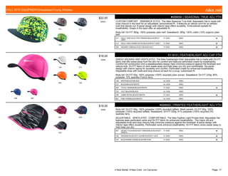 012 013
309
$22.00
W0001
●688690 | SEASONAL TRUE ADJ YTH
CUSTOM COMFORT. SNAPBACK STYLE. The Nike Seasonal True Kids' Adjustable Hat is made with
snap closure in the back for an adjustable, personalized fit. It features an allover print for an athletic
look that stands out. 6-panel design with interior tape offers durability. Embroidered eyelets for
breathability. Snaps in the back offer an adjustable fit.
Body bill: Dri-FIT 383g. 100% polyester plain twill. Sweatband: 285g. 100% cotton (10% organic) plain
twill.
012 WOLF GREY/ELECTRO ORANGE/BLACK/WOLF
GREY
7/1-9/30 MISC ■
013 WOLF GREY/GAME ROYAL/BLACK/WOLF GREY 7/1-9/30 MISC ■
309 RADIANT EMERALD/VOLT/BLACK/VOLT 7/1-9/30 MISC ■
100 010
803 703
480 667
$18.00
W008
611815 | FEATHERLIGHT ADJ CAP YTH
SWEAT-WICKING AND VENTILATED. The Nike Featherlight Kids' Adjustable Hat is made with Dri-FIT
fabric that lifts sweat away from the skin for comfort and features perforated insets for breathability.
Comfort bill construction and a sweatbandless design help minimize pressure against the forehead and
reduce bulk. Dri-FIT fabric to wick sweat away and help keep you dry and comfortable. Six-panel
design with interior taping for durability and comfort. Perforated insets for enhanced breathability.
Adjustable strap with hook-and-loop closure at back for a snug, customized fit.
Body bill: Dri-FIT 82g. 100% polyester (100% recycled) plain woven. Sweatband: Dri-FIT 225g. 90%
polyester 10% spandex French terry.
100 WHITE/BLACK//BLACK c/o -9/30 MISC
010 BLACK/BLACK//WHITE c/o -9/30 MISC
803 TOTAL ORANGE/BLACK//WHITE 7/1-9/30 MISC ■
703 VOLT/BLACK//BLACK c/o -9/30 MISC
480 GAME ROYAL/BLACK//WHITE 7/1-9/30 MISC ■
667 PINK POW/BLACK//WHITE c/o -9/30 MISC
607 449
010
$18.00
W008
●688682 | PRINTED FEATHERLIGHT ADJ YTH
Body bill: Dri-FIT 82g. 100% polyester (100% recycled) taffeta. Mesh panels: Dri-FIT 82g. 100%
polyester (100% recycled) taffeta. Sweatband: Dri-FIT 200g. 91% polyester (100% recycled) 9%
spandex terry.
ADJUSTABLE. VENTILATED. COMFORTABLE. The Nike Feather Light Printed Kids' Adjustable Hat
features laser-perforated vents and Dri-FIT fabric for enhanced breathability. The Vapor bill and
adjustable hook-and-loop closure help minimize pressure against the forehead. 6-panel design with
interior tape offers durability. Perforated vents enhance breathability. Dri-FIT fabric wicks sweat away to
help keep you dry.
607 SPORT FUCHSIA/GHOST GREEN/BLACK/GHOST
GREEN
7/1-9/30 MISC ■
449 INSIGNIA BLUE/HOT LAVA/BLACK/HOT LAVA 7/1-9/30 MISC ■
010 BLACK/PINK POW/BLACK/PINK POW 7/1-9/30 MISC ■
FALL 2015 EQUIPMENT|Headwear|Young Athletes nike.net
● New Model ■ New Color c/o Carryover Page: 17
 