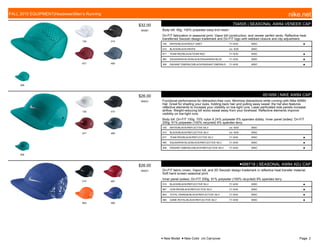 100 010
677 460
309
$32.00
W0061
704505 | SEASONAL AW84 VENEER CAP
Body bill: 90g. 100% polyester warp knit mesh.
Dri-FIT fabrication in seasonal print, Vapor bill construction, and veneer perfed vents. Reflective heat
transferred Swoosh design trademark and Dri-FIT logo with webbed closure and clip adjustment.
100 WHITE/BLACK//WOLF GREY 7/1-9/30 MISC ■
010 BLACK/BLACK//WHITE c/o -9/30 MISC
677 TEAM RED/BLACK//TEAM RED 7/1-9/30 MISC ■
460 SQUADRON BLUE/BLACK//SQUADRON BLUE 7/1-9/30 MISC ■
309 RADIANT EMERALD/BLACK//RADIANT EMERALD 7/1-9/30 MISC ■
100 010
677 460
309
$26.00
W0031
651659 | NIKE AW84 CAP
Functional performance for distraction-free runs. Minimize distractions while running with Nike AW84
Hat. Great for shading your eyes, holding back hair and pulling away sweat, the hat also features
reflective elements to increase your visibility on low-light runs. Laser-perforated side panels increase
airflow. Weight-reducing bill wicks sweat away from your forehead. Reflective elements improve
visibility on low-light runs.
Body bill: Dri-FIT 150g. 70% nylon 6 24% polyester 6% spandex dobby. Inner panel (sides): Dri-FIT
200g. 91% polyester (100% recycled) 9% spandex terry.
100 WHITE/BLACK//REFLECTIVE SILV c/o -9/30 MISC
010 BLACK/BLACK//REFLECTIVE SILV c/o -9/30 MISC
677 TEAM RED/BLACK//REFLECTIVE SILV 7/1-9/30 MISC ■
460 SQUADRON BLUE/BLACK//REFLECTIVE SILV 7/1-9/30 MISC ■
309 RADIANT EMERALD/BLACK//REFLECTIVE SILV 7/1-9/30 MISC ■
010 687
803 480
$26.00
W0031
●688718 | SEASONAL AW84 ADJ CAP
Dri-FIT fabric crown, Vapor bill, and 3D Swoosh design trademark in reflective heat transfer material.
Soft hand screen seasonal print.
Inner panel (sides): Dri-FIT 200g. 91% polyester (100% recycled) 9% spandex terry.
010 BLACK/BLACK//REFLECTIVE SILV 7/1-9/30 MISC ■
687 GYM RED/BLACK//REFLECTIVE SILV 7/1-9/30 MISC ■
803 TOTAL ORANGE/BLACK//REFLECTIVE SILV 7/1-9/30 MISC ■
480 GAME ROYAL/BLACK//REFLECTIVE SILV 7/1-9/30 MISC ■
FALL 2015 EQUIPMENT|Headwear|Men's Running nike.net
● New Model ■ New Color c/o Carryover Page: 2
 