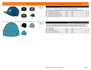 010 663
211
422
$30.00
W0051
●708434 | NIKE SB PERFORMANCE PRO TRUCKER
Sweatband: Dri-FIT 200g. 91% polyester (100% recycled) 9% spandex terry.
Dri-FIT wool crown, perforated back panels, vapor bill, reflective heat transfer Nike SB logo.
010 BLACK/BLACK//REFLECTIVE SILV 7/1-9/30 MISC ■
663 CINNABAR/BLACK//REFLECTIVE SILV 7/1-9/30 MISC ■
211 DEEP PEWTER/BLACK//REFLECTIVE SILV 7/1-9/30 MISC ■
422 BRIGADE BLUE/BLACK//REFLECTIVE SILV 8/1-10/31 MISC ■
011 066
457
$20.00
W0001
628684 | NIKE SB FISHERMAN BEANIE
Cuffed color, unstructured. A classic design perfect for everyday wear, Nike SB Fisherman Beanie fits
snug on your head, capping your ride from street to snow. Acrylic fibers provide a soft, warm feel.
Unstructured, cuffed design fits short on your head. Nike SB trademark logo is embroidered on the cuff.
Body: 100% acrylic.
011 BLACK///WHITE c/o -9/30 MISC
066 DK GREY HEATHER///SAIL 7/1-9/30 MISC ■
457 LT TIDAL BL HTR///BRIGADE BLUE 7/1-9/30 MISC ■
FALL 2015 EQUIPMENT|Headwear|Nike SB nike.net
● New Model ■ New Color c/o Carryover Page: 22
 
