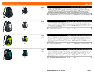 001
$90.00
W0054
BA4902 | NIKE ULTIMATUM UTILITY
DURABLE AND VERSATILE. With multiple compartments and water-resistant fabric, the Nike
Ultimatum Utility Backpack offers versatile storage options and protection for your gear. Adjustable,
cushioned shoulder straps for comfortable carrying. Zip main compartment for secure, spacious storage
Protected zip media compartment, insulated hot/cold pocket and shoe compartment for versatile
storage. Mesh pocket for breathable storage. Durable, water-repellent finish to help keep gear dry.
001 BLACK/BLACK//WHITE c/o -10/2 Dimensions: 20" H X 15" W X 7" D / 1709 cu. In.
012
$80.00
W0004
BA5108 | NIKE MAX AIR VAPOR BP ENERGY
COMFORTABLE AND VERSATILE. The Nike Max Air Vapor Energy (Large) Backpack has multiple
compartments and adjustable, padded shoulder straps for several storage options and cushioned
carrying. Dual-zip main compartment for secure, spacious storage. 100 percent recycled plastic Max Air
Considered straps for lightweight, cushioned shock absorption. Padded laptop sleeve fits up to a 15-
inch laptop for specialized storage.
012 BLACK/BLACK//METALLIC SILVER c/o -7/31 MISC
075
$70.00
W0053
BA4883 | NIKE MAX AIR VAPOR BP LARGE
COMFORTABLE AND VERSATILE. The Nike Max Air Vapor Backpack has multiple compartments and
adjustable, padded shoulder straps for several storage options and cushioned carrying. Dual-zip main
compartment for secure, spacious storage. 100 percent recycled plastic Max Air Considered straps for
lightweight, cushioned shock absorption. Padded laptop sleeve fits up to a 15-inch laptop for
specialized storage. Side mesh pockets for easy access. DWR (durable, water-repellent) finish to help
keep gear dry.
075 BLACK/VOLT//METALLIC SILVER c/o -1/31 Dimensions: 19"H x 13"W x 9"D cm/ 2075cu.in.
031
$70.00
W0053
BZ9718 | NIKE MAX AIR VAPOR BP LARGE
COMFORTABLE AND VERSATILE. The Nike Max Air Vapor Backpack has multiple compartments and
adjustable, padded shoulder straps for several storage options and cushioned carrying. Dual-zip main
compartment for secure, spacious storage. 100 percent recycled plastic Max Air Considered straps for
lightweight, cushioned shock absorption. Padded laptop sleeve fits up to a 15-inch laptop for
specialized storage. Side mesh pockets for easy access. DWR (durable, water-repellent) finish to help
keep gear dry.
031 BLACK/RADIANT EMERALD//METALLIC SILVER c/o -6/30 MISC
FALL 2015 EQUIPMENT|Bags|Nike Training nike.net
● New Model ■ New Color c/o Carryover Page: 24
 