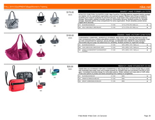 010
006
$175.00
W0578
BA4827 | NIKE FORMFLUX TOTE
ATHLETIC FUNCTION, ELEVATED LOOK. Nike FormFlux Tote Bag features separate wet/dry storage
and leather trim for specialized organization and premium appeal. Ripstop nylon lining is coated for
durability and moisture protection to and from the gym. Dual-zipper main compartment for spacious
storage. Removable, padded shoulder straps for comfortable carrying. Multiple pockets for versatile
storage. Separate wet/dry shoe compartment for extra organization. Small valuables pocket stores
fragile items securely.
010 BLACK/BLACK//BLACK 7/1-10/5 12" H x 21"W x 9"D /1282 cu.in. ■
006 WOLF GREY/WOLF GREY//BLACK 7/1-10/5 12" H x 21"W x 9"D /1282 cu.in. ■
001 089
664
$100.00
W0005
BA4905 | NIKE VICTORY GYM TOTE
CONVENIENT CARRYING, VERSATILE STORAGE. Nike Victory Gym Tote bag features a secure
main compartment plus multiple specialized pockets to help keep gear organized and accessible. Dual-
zip main compartment for spacious, secure storage. Comfortable carry handle for easy transport.
Removable bag and yoga mat attachment for versatility. Multiple pockets for organized storage.
001 BLACK/BLACK//BLACK 7/1-10/5 16"H x 28"W x 14"D / 1526 cu.in. ■
089 COOL GREY/COOL GREY//COOL GREY 7/1-10/5 16"H x 28"W x 14"D / 1526 cu.in. ■
664 SPORT FUCHSIA/SPORT FUCHSIA//SPORT
FUCHSIA
7/1-10/5 16"H x 28"W x 14"D / 1526 cu.in. ■
001 302
600
$20.00
W0001
●BA5121 | NIKE STUDIO KIT 2.0 XS
GRAB-AND-GO STORAGE FOR DAILY ESSENTIALS. Nike Studio Kit 2. 0 (Extra-Small) Bag is made
with reversible high-luster nylon and multiple pockets for versatile style and convenient carrying of your
gear. Completely reversible design for extra style options. Water resistant and wipe-able on both sides.
Three size options to protect and store everything from makeup to sunglasses.
001 BLACK/BLACK//BLACK 7/1-10/5 MISC ■
302 GREEN GLOW/BLACK//BLACK 7/1-10/5 MISC ■
600 BRIGHT CRIMSON/BLACK//BLACK 7/1-10/5 MISC ■
FALL 2015 EQUIPMENT|Bags|Women's Training nike.net
● New Model ■ New Color c/o Carryover Page: 29
 