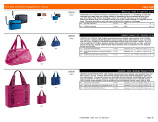 001
407
$25.00
W0521
●BA5122 | NIKE STUDIO KIT 2.0 S
GRAB-AND-GO STORAGE FOR DAILY ESSENTIALS. Nike Studio Kit 2. 0 Small Bag is made with
reversible high-luster nylon and multiple pockets for versatile style and convenient carrying of your
gear. Nike Studio Kit 2. 0 Extra-Small Bag is made with reversible high-luster nylon and multiple
pockets for versatile style and convenient carrying of your gear. Water resistant and wipe-able on both
sides. Three size options to protect and store everything from makeup to sunglasses.
001 BLACK/BLACK//BLACK 7/1-10/5 MISC ■
407 SOAR/BLACK//BLACK 7/1-10/5 MISC ■
013 444
664
$65.00
W0523
BA4653 | NIKE C72 LEGEND 2.0 M
VERSATILE STORAGE. With multiple compartments and a durable, water-repellent finish, the Nike
C72 Legend 2.0 (Medium) Duffel Bag offers several storage options while helping to keep your items
safe and secure. Double-grip handles and detachable shoulder strap for versatile transport. Dual-zip
main compartment for secure, spacious storage. Quick-stash cell phone pocket and other small-item
pockets for versatile storage. DWR (durable, water-repellent) finish for protection from the elements.
Screen print for style.
013 BLACK/BLACK//HYPER PINK 7/1-10/5 Dimensions: 23"L x 8.5"W x10.5"H /1220 cu.in. ■
444 DEEP ROYAL BLUE/DEEP ROYAL BLUE//GREEN
GLOW
7/1-10/5 Dimensions: 23"L x 8.5"W x10.5"H /1220 cu.in. ■
664 SPORT FUCHSIA/SPORT FUCHSIA//BLACK 7/1-10/5 Dimensions: 23"L x 8.5"W x10.5"H /1220 cu.in. ■
005 465
680
$55.00
W0572
BA4658 | NIKE LEGEND TRACK TOTE
VERSATILE AND PROTECTIVE. With multiple compartments and a durable water-repellent finish, the
Nike Legend 2.0 Track Tote Bag offers several storage options while helping to keep your gear safe
from the elements. Double-grip handles and detachable shoulder strap for versatile transport. Dual-zip
main compartment for secure, spacious storage. Easy-access pockets for secure, versatile storage.
DWR (durable, water-repellent) finish for protection from the elements. Allover screen print for style.
005 BLACK/COOL GREY//WHITE 7/1-10/5 Dimensions: 13.5"H x 15.5"W x 5"D /1343cu.in. ■
465 DEEP ROYAL BLUE/GREEN GLOW//GREEN GLOW 7/1-10/5 Dimensions: 13.5"H x 15.5"W x 5"D /1343cu.in. ■
680 SPORT FUCHSIA/PINKSICLE//BLACK 7/1-10/5 Dimensions: 13.5"H x 15.5"W x 5"D /1343cu.in. ■
FALL 2015 EQUIPMENT|Bags|Women's Training nike.net
● New Model ■ New Color c/o Carryover Page: 30
 