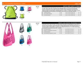 407
607
770
$20.00
W059
BA4733 | NIKE VARSITY GYMSACK
WATER-RESISTANT AND SPACIOUS. Nike Varsity Gym Sack is made with durable fabric that blocks
out water. With a large main compartment and adjustable straps, this convenient carryall offers
premium protection for all your gear to and from a workout. Main compartment with drawcord for
spacious storage and easy access. Adjustable straps for a custom fit. Durable, water-resistant tarpaulin
to help keep gear dry and protected in bad weather, locker rooms or on wet fields. Imported.
407 SOAR/BLACK//BLACK 7/1-10/5 17.5''H X 13.5''W X 2"D/793 CU.IN. ■
607 PINK POW/BLACK//BLACK 7/1-10/5 17.5''H X 13.5''W X 2"D/793 CU.IN. ■
770 VOLT/BLACK//BLACK 7/1-10/5 17.5''H X 13.5''W X 2"D/793 CU.IN. ■
019
303
407
669
$35.00
W0571
BA4879 | NIKE GRAPHIC REVERSIBLE TOTE
TWO-WAY STYLE, EASY ACCESS. The Nike Graphic Reversible Tote Bag features a strap that can
be worn over the shoulder or across the body for versatile carrying options. With bold block print on one
side and an allover graphic pattern on the other, this bag offers two looks in one. Strap can be worn
over the shoulder or cross-body for versatile carrying. Mesh with block print on one side, allover graphic
on reverse for two bold looks. Spot clean. Imported.
019 BLACK/WHITE//WHITE 7/1-10/5 16"H X 18"W X 4"D / 128 cu. in. ■
303 EMERALD GLOW/EMERALD GLOW//TEAL 7/1-10/5 16"H X 18"W X 4"D / 128 cu. in. ■
407 SOAR/SOAR//BLACK 7/1-10/5 16"H X 18"W X 4"D / 128 cu. in. ■
669 PINK POW/PINK POW//SPORT FUCHSIA 7/1-10/5 16"H X 18"W X 4"D / 128 cu. in. ■
FALL 2015 EQUIPMENT|Bags|Women's Training nike.net
● New Model ■ New Color c/o Carryover Page: 31
 