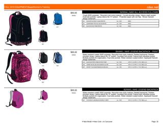 051 441
061
$50.00
W0052
BZ9504 | NIKE ALL ACCESS FULLFARE
Tough 600D polyester. Recycled main body material. Curved shoulder straps. Interior mesh pocket.
Dual side pockets. Laptop sleeve fits 15" system. Protected zipper with rain flap. Woven Swoosh
design trademark.
051 BLACK/FUCHSIA FLASH//WHITE c/o -10/5 MISC
441 SOAR/DEEP ROYAL BLUE//WHITE c/o -10/5 MISC
061 BLACK/VIVID PINK//WHITE c/o -10/5 MISC
010 402
607
$65.00
W0523
BA4882 | NIKE LEGEND BACKPACK - PRINT
Water-resistant coated 300D polyester. Recycled main body material. Padded backpanel. Padded
shoulder straps. Laptop sleeve fits 15" system. Insulated fuel pocket. Fleece-lined valuables pocket.
Multiple pockets for organization. Dual side pockets. Water-resistant coated bottom. Appliquéd Swoosh
design trademark.
010 BLACK/HYPER PINK//HYPER PINK c/o -10/5 18"H X 12.5"W X 11"D/ 1892 cu.in.
402 GAME ROYAL/BLACK//GREEN GLOW c/o -10/5 18"H X 12.5"W X 11"D/ 1892 cu.in.
607 SPORT FUCHSIA/PINKSICLE//BLACK c/o -10/5 18"H X 12.5"W X 11"D/ 1892 cu.in.
501
$65.00
W0523
BZ9505 | NIKE LEGEND BACKPACK
Water-resistant coated 300D polyester. Recycled main body material. Padded backpanel. Padded
shoulder straps. Laptop sleeve fits 15" system. Insulated fuel pocket. Fleece-lined valuables pocket.
Multiple pockets for organization. Dual side pockets. Water-resistant coated bottom. Appliquéd Swoosh
design trademark.
501 FUCHSIA FLASH/BLACK//WOLF GREY c/o -10/5 18"H X 12.5"W X 11"D/ 1892 cu.in.
FALL 2015 EQUIPMENT|Bags|Women's Training nike.net
● New Model ■ New Color c/o Carryover Page: 32
 