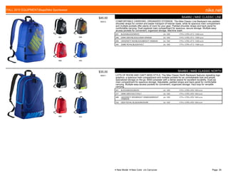 001 008
608 404
$45.00
W0012
BA4862 | NIKE CLASSIC LINE
COMFORTABLE CARRYING, ORGANIZED STORAGE. The Nike Classic Line Backpack has padded
shoulder straps for comfort and easier transport of heavier loads, while its spacious main compartment
and multiple pockets offer plenty of room for your gear. Padded shoulder straps and back panel for
comfortable carrying. Dual-zippered main compartment for spacious, secure storage. Multiple easy-
access pockets for convenient, organized storage. Machine wash.
001 BLACK/BLACK//WHITE c/o -10/5 17"H x 12"W x 6" D /1404 cu.in.
008 DARK GREY/BLACK//LASER ORANGE c/o -10/5 17"H x 12"W x 6" D /1404 cu.in.
608 UNIVERSITY RED/BLACK//BRIGHT CRIMSON c/o -10/5 17"H x 12"W x 6" D /1404 cu.in.
404 GAME ROYAL/BLACK//VOLT c/o -10/5 17"H x 12"W x 6" D /1404 cu.in.
001
077
688 433
$35.00
W0571
BA4863 | NIKE CLASSIC NORTH
LOTS OF ROOM AND CAN'T-MISS STYLE. The Nike Classic North Backpack features repeating logo
graphics, a spacious main compartment and multiple pockets for an unmistakable look and ample,
specialized storage on the go. 600D polyester with a dense weave for excellent durability. Dual-zip
main compartment for spacious storage. Adjustable, padded straps and back panel for comfortable
carrying. Multiple easy-access pockets for convenient, organized storage. Haul loop for versatile
carrying.
001 BLACK/WHITE//WHITE c/o -10/5 17"H x 12"W x 6"D/ 1343 cu.in.
077 DARK GREY/VOLT//VOLT c/o -10/5 17"H x 12"W x 6"D/ 1343 cu.in.
688 UNIVERSITY RED/BRIGHT CRIMSON//BRIGHT
CRIMSON
c/o -10/5 17"H x 12"W x 6"D/ 1343 cu.in.
433 DEEP ROYAL BLUE/SOAR//SOAR c/o -10/5 17"H x 12"W x 6"D/ 1343 cu.in.
FALL 2015 EQUIPMENT|Bags|Nike Sportswear nike.net
● New Model ■ New Color c/o Carryover Page: 35
 