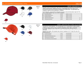 010 060
100 480
687
$28.00
W0531
667036 | SWOOSHFLEX L91
BODY/BILL DRI-FIT DD ONE-WAY; 135G; 92.0% POLYESTER/8.0% SPANDEX=ELASTANEPLATED
JERSEY; MM INHERENT, EMBOSSED ON FACE. SWEATBAND DRI-FIT CP; 200G; 91.0%
POLYESTER (100.0% RECYCLED)/9.0% SPANDEX=ELASTANETERRY; 3M ABSORBENT MM
CHEMICAL FINISH ON FACE AND BACK (1 PASSES).
Dri-FIT fabrication, seasonal Nike Pro fabrication and print on side and back panels. Vapor bill, TPU
Swoosh design trademark logo, and ray fabric sweatband.
010 BLACK/BLACK//WHITE c/o -9/30 S/M,M/L,L/XL,1SIZE
060 ANTHRACITE/BLACK//VOLT c/o -9/30 S/M,M/L,L/XL,1SIZE
100 WHITE/BLACK//BLACK c/o -9/30 S/M,M/L,L/XL,1SIZE
480 GAME ROYAL/BLACK//WHITE 7/1-9/30 S/M,M/L,L/XL,1SIZE ■
687 GYM RED/BLACK//BLACK 7/1-9/30 S/M,M/L,L/XL,1SIZE ■
015 100
454 677
892
$22.00
W0501
480387 | HERITAGE DRI-FIT MESH ADJUSTABLE
LIGHTWEIGHT PERFORMANCE. The ultra-lightweight Dri-FIT Heritage Mesh Hat offers excellent
ventilation on the trail, track or road. Its innovative quick-adjust closure means a comfortable fit on-the-
go. Six-panel design with interior seam taping for durability and comfort. Mesh at interior for
breathability. Adjustable closure at back for a snug fit. Embroidered Swoosh design trademark at front.
Hand wash
Body/bill: Dri-FIT 200g. 100% polyester basic interlock. Sweatband: Dri-FIT 158g. 58% cotton 42%
polyester plain twill.
015 BLACK/BLACK/BLACK/ 7/1-9/30 One Size Fits Most ■
100 WHITE/BLACK/WHITE/ c/o -9/30 One Size Fits Most
454 GAME ROYAL/BLACK/GAME ROYAL/ 7/1-9/30 One Size Fits Most ■
677 TEAM RED/BLACK/TEAM RED/ 7/1-9/30 One Size Fits Most ■
892 TEAM ORANGE/BLACK/TEAM ORANGE/ 7/1-9/30 One Size Fits Most ■
FALL 2015 EQUIPMENT|Headwear|Athletic Training nike.net
● New Model ■ New Color c/o Carryover Page: 4
 