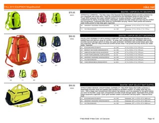 657 711
$75.00
W0573
BA4765 | VAPOR ELITE BACKPACK
VERSATILE CARRYALL. The Nike Vapor Elite Baseball Bat Backpack delivers durable protection for
your essentials with tough fabric, large zip compartments and adjustable straps for easy carrying.
Tough 600D polyester and water-resistant bottom for durable protection. Dual-zippered main
compartment for plenty of storage space. Adjustable, padded shoulder straps and haul loop for comfort
and convenience. Cushioned back panel for comfortable carrying. Interior mesh pocket and exterior
water bottle pocket to help keep gear organized.
657 UNIVERSITY RED/DARK TEAM RED//WHITE c/o -10/5 Dimensions: 21" H x 15" W x 11" D / 1770 cu
in.
711 VOLT/BLACK//BLACK c/o -10/5 Dimensions: 21" H x 15" W x 11" D / 1770 cu
in.
071 447
471 517
657 711 897
$50.00
W0052
BA4766 | VAPOR SELECT BACKPACK
EXCELLENT DURABILITY WITH ADDED COMFORT. Nike Vapor Select Bat Backpack features a
padded back and sternum strap for comfort. Its large main compartment and ventilated cleat pocket
provides secure storage options to keep your gear protected. Ventilated cleat pocket keeps gear clean
and organized. Sternum strap enhances comfort across chest. Fuel pocket securely stores your water
bottle. Imported.
071 BLACK/ANTHRACITE//WHITE c/o -10/5 21" H x 15" W x 11" D / 1770 cu in.
447 MIDNIGHT NAVY/DARK OBSIDIAN//WHITE c/o -10/5 21" H x 15" W x 11" D / 1770 cu in.
471 GAME ROYAL/DEEP ROYAL BLUE//WHITE c/o -10/5 21" H x 15" W x 11" D / 1770 cu in.
517 COURT PURPLE/IMPERIAL PURPLE//WHITE c/o -7/5 21" H x 15" W x 11" D / 1770 cu in.
657 UNIVERSITY RED/DARK TEAM RED//WHITE c/o -10/5 21" H x 15" W x 11" D / 1770 cu in.
711 VOLT/BLACK//BLACK c/o -10/5 21" H x 15" W x 11" D / 1770 cu in.
897 TEAM ORANGE/MESA ORANGE//WHITE c/o -8/31 21" H x 15" W x 11" D / 1770 cu in.
011 651
711
$50.00
W0052
BA4758 | MVP SELECT BAT DUFFEL
STRUCTURED DESIGN, EXCEPTIONAL DURABILITY. Nike MVP Select Bat Duffel combines a
detachable shoulder strap and padded grab handles for excellent comfort, no matter what way you
carry. With a large main compartment and exterior bat sleeves, you'll be prepared for the game before
you even hit the field. Large main compartment provides ample storage space. Separated shoe pocket
keeps equipment organized. Quick grab handles create a convenient carrying option. Features fence
hook.
011 BLACK/ANTHRACITE//WHITE c/o -10/5 Dimensions: 36" L x 10" W x 10" H / 2625 cu.in.
651 UNIVERSITY RED/DARK TEAM RED//WHITE c/o -10/5 Dimensions: 36" L x 10" W x 10" H / 2625 cu.in.
711 VOLT/BLACK//BLACK c/o -10/5 Dimensions: 36" L x 10" W x 10" H / 2625 cu.in.
FALL 2015 EQUIPMENT|Bags|Baseball nike.net
● New Model ■ New Color c/o Carryover Page: 42
 