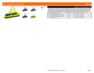 011 401
411 711
$30.00
W0051
BA4756 | MVP EDGE BAT BAG
A HOMERUN IN DURABILITY. Nike MVP Edge Bat Bag is made from heavyweight material that resists
snags and tears. With a spacious main compartment and exterior pockets to hold essentials, this bag
is a grand slam. Water-resistant bottom keeps gear dry. Adjustable, removable shoulder strap for easy
carrying. Large main compartment provides ample storage space. Imported. Features fence hook.
011 BLACK/ANTHRACITE//WHITE c/o -10/5 36" L x 9" W x 10" H / 2625 cu.in.
401 GAME ROYAL/DEEP ROYAL BLUE//WHITE c/o -10/5 36" L x 9" W x 10" H / 2625 cu.in.
411 MIDNIGHT NAVY/DARK OBSIDIAN//WHITE c/o -10/5 36" L x 9" W x 10" H / 2625 cu.in.
711 VOLT/BLACK//BLACK c/o -10/5 36" L x 9" W x 10" H / 2625 cu.in.
FALL 2015 EQUIPMENT|Bags|Baseball nike.net
● New Model ■ New Color c/o Carryover Page: 43
 