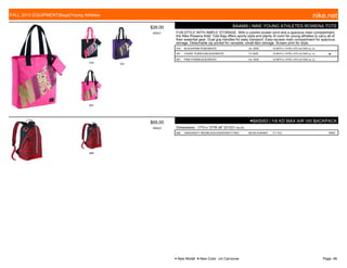 016 501
607
$26.00
W0021
BA4666 | NIKE YOUNG ATHLETES ROWENA TOTE
FUN STYLE WITH AMPLE STORAGE. With a colorful screen print and a spacious main compartment,
the Nike Rowena Kids' Tote Bag offers sporty style and plenty of room for young athletes to carry all of
their essential gear. Dual grip handles for easy transport. Easy-access main compartment for spacious
storage. Detachable zip pocket for versatile, small-item storage. Screen print for style.
016 BLACK/PINK POW//WHITE c/o -9/30 15.50''H x 14''W x 5''D in/1343 cu. in.
501 COURT PURPLE/BLACK//WHITE 7/1-9/30 15.50''H x 14''W x 5''D in/1343 cu. in. ■
607 PINK POW/BLACK//WHITE c/o -9/30 15.50''H x 14''W x 5''D in/1343 cu. in.
606
$65.00
W0523
●BA5093 | YA KD MAX AIR VIII BACKPACK
Dimensions: 17"H x 12"W x9" D/1221 cu.in..
606 UNIVERSITY RED/BLACK//UNIVERSITY RED KEVIN DURANT 7/1-7/31 MISC
FALL 2015 EQUIPMENT|Bags|Young Athletes nike.net
● New Model ■ New Color c/o Carryover Page: 48
 
