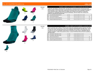 710
600
470 330
$16.00
W008
SX4845 | NIKE ELITE RUNNING CUSHION NO-SHOW TAB
COMFORT AND IMPACT PROTECTION. The Nike Elite Cushioned No-Show Tab Running Socks
(Medium) feature sweat-wicking fabric to help keep feet dry and three levels of cushioning for enhanced
shock absorption. Dri-FIT fabric wicks sweat away to help keep feet dry and comfortable. Footstrike
zonal cushioning softens impacts where it's needed most. Dynamic arch bridge for a supportive
compression fit. Lightweight mesh for enhanced breathability. Split-toe design with contoured toe
pocket for cushioning and reduced bulk.
710 VOLT/ANTHRACITE//ANTHRACITE c/o -7/5 4-5.5, 6-7.5, 8-9.5, 10-, 12-, 14-16
600 PINK FOIL/BLACK//BLACK 7/1-7/31 4-5.5, 6-7.5, 8-9.5, 10-, 12-, 14-16 ■
470 DEEP ROYAL BLUE/BLACK//BLACK 7/1-7/31 4-5.5, 6-7.5, 8-9.5, 10-, 12-, 14-16 ■
330 RADIANT EMERALD/BLACK//BLACK 7/1-7/31 4-5.5, 6-7.5, 8-9.5, 10-, 12-, 14-16 ■
146 010
600
470
330
$16.00
W008
SX4850 | NIKE ELITE RUNNING CUSHION QTR
SWEAT-WICKING WITH IMPACT PROTECTION. Made with strategically placed cushioning, the Nike
Elite Cushion Crew Running Socks (1 Pair) offer exceptional impact protection mile after mile. The Dri-
FIT fabric and mesh vents help keep feet dry and comfortable. Dri-FIT fabric to wick sweat away and
help keep you dry and comfortable. Three levels of cushioning to soften impact. Lightweight mesh for
excellent ventilation. Y-stitch heel pocket for secure, no-slip fit. Reinforced heel and toe for durability in
high-wear areas.
146 WHITE/WOLF GREY//WOLF GREY c/o -10/5 4-5.5,6-7.5,8-9.5,10-,12-,14-16
010 BLACK/WOLF GREY//WOLF GREY c/o -10/5 4-5.5,6-7.5,8-9.5,10-,12-,14-16
600 PINK FOIL/BLACK//BLACK 7/1-7/31 4-5.5,6-7.5,8-9.5,10-,12-,14-16 ■
470 DEEP ROYAL BLUE/BLACK//BLACK 7/1-7/31 4-5.5,6-7.5,8-9.5,10-,12-,14-16 ■
330 RADIANT EMERALD/BLACK//BLACK 7/1-7/31 4-5.5,6-7.5,8-9.5,10-,12-,14-16 ■
FALL 2015 EQUIPMENT|Socks|Running nike.net
● New Model ■ New Color c/o Carryover Page: 49
 