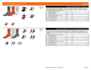 905
909
911
956
975 982
$22.00
W5701
SX4966 | NIKE 3PPK DRI-FIT TRIPLE FLY
Each pack contains three unique designs. Dri-FIT fabric pulls away sweat to help keep you cool and
comfortable. Left/Right specific design for a better fit. Lightweight construction brings a snug fit with less
bulk. Supportive fit with arch compression.
905 BLACK/(UNIV RED)/BLACK/(UNIV
RED)/WHITE/(BLACK)
c/o -4/30 S-XL
909 BK/(VT)/GH/(VT)/WH/(BK) 7/1-7/31 S-XL ■
911 DARING RED/(HOT LAVA)/BASE GREY/(HOT
LAVA)/WHITE/(BASE GREY)
c/o -6/30 S-XL
956 CK/(SW)/RE/(SW)/WH/(SW) 7/1-7/31 S-XL ■
975 SB/(LO)/CG/(SB)/WH/(SB) 7/1-7/31 S-XL ■
982 TG/(TO)/TO/(BK)/WH/(TG) 7/1-7/31 S-XL ■
903 906
917 936
953 965 977
$20.00
W579
SX4950 | NIKE 3PPK DRI-FIT COTTON SWOOSH HBR CREW
ICONIC STYLE WITH A SOFT COTTON FEEL. Nike Dri-FIT Cotton HBR Crew (3 Pack) feature sweat-
wicking Dri-FIT fabric and a reinforced heel for durability and a natural fit. Dri-FIT cotton fabric wicks
sweat to help keep you drier and cooler. Arch support for a secure, snug fit. Reinforced toe and heel for
durability.
903 WHITE/(GYM RED), GYM RED/(WHITE), /GREY
HEATHER/(GYM RED)
c/o -1/31 S-XL
906 CR/(BK)/WH/(CR)/BK/(CR) 7/1-7/31 S-XL ■
917 BK/(VT)/GH/(VT)/WH/(VT) 7/1-7/31 S-XL ■
936 RE/(VT)/WH/(RE)/DP/(VT) 7/1-7/31 S-XL ■
953 WHITE/(GAME ROYAL), GAME ROYAL/(BLACK),
BLACK/(GAME ROYAL)
c/o -1/31 S-XL
965 GR/(LO)/WH/(SB)/SB/(LO) 7/1-7/31 S-XL ■
977 TMO/(TO)/WH/(TO)/TG/(TO) 7/1-7/31 S-XL ■
FALL 2015 EQUIPMENT|Socks|Nike Training nike.net
● New Model ■ New Color c/o Carryover Page: 54
 