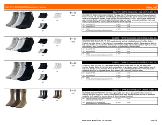 001 101
901
$14.00
W576
SX4701 | 3PPK CUSHION LOW CUT (S,M,L,XL)
SECURE FIT, SWEAT-WICKING POWER. The Nike Dri-FIT Non-Cushion Low-Cut Training Socks (3
Pair) are made with a soft fabric blend that pulls sweat away from the feet to help minimize distractions,
while arch compression delivers no-slip comfort during competition. Dri-FIT fabric to wick sweat away
and help keep feet dry and comfortable. Reinforced heel and toe for enhanced durability in high-wear
areas. Arch support for a secure, stable fit. Machine wash Imported
001 BLACK/(WHITE) c/o -5/31 M-XL
101 WHITE/(BLACK) c/o -5/31 M-XL
901 GREY
HTR/(BLACK)/WHITE/(BLACK)/BLACK/(WHITE)
c/o -5/31 M-XL
001 101
901
$14.00
W576
SX4702 | 3PPK CUSHION NO-SHOW (S,M,L,XL)
COMFORT AND A SECURE FIT. With sweat-wicking fabric to help keep you dry, the Nike Cotton
Cushion No-Show Socks (3 Pair) offer arch compression for enhanced support. Sweat-wicking fabric to
help keep feet dry and comfortable. Reinforced heel and toe for enhanced durability in high-wear areas.
Rib cuffs for a snug, comfortable fit. Arch support for a secure fit. Machine wash
001 BLACK/(WHITE) c/o -5/31 M-XL
101 WHITE/(BLACK) c/o -5/31 M-XL
901 GREY
HTR/(BLACK)/WHITE/(BLACK)/BLACK/(WHITE)
c/o -5/31 M-XL
001 101
901
$14.00
W576
SX4703 | 3PPK CUSHION QUARTER (S,M,L,XL)
COMFORT AND SECURE FIT. With sweat-wicking fabric to help keep you dry, the Nike Cotton
Cushion Quarter Socks (3 Pair) offer arch compression for enhanced support. Sweat-wicking fabric to
help keep feet dry and comfortable. Rib cuffs for a snug, comfortable fit. Reinforced heel and toe for
enhanced durability in high-wear areas. Arch support for a secure fit. Machine wash
001 BLACK/(WHITE) c/o -5/31 M-XL
101 WHITE/(BLACK) c/o -5/31 M-XL
901 GREY
HTR/(BLACK)/WHITE/(BLACK)/BLACK/(WHITE)
c/o -5/31 M-XL
907 922
$16.00
W577
SX4704 | 3PPK LIGHTWEIGHT CREW (S,M,L,X)
DURABLE AND SUPPORTIVE. The Nike Lightweight Crew Socks (Large/1 Pair) have reinforced
stitching and arch support for a snug, comfortable fit that lasts. Reinforced heel and toe for enhanced
durability. Arch support for a snug, secure fit. Machine wash Imported
907 GREY HEATHER/(BLACK)/OBSIDIAN/(NANO
GREY)/BLACK/(NANO GREY)
c/o -5/31 M-XL
922 SANDALWOOD HTHR/(BAROQUE
BROWN)/BAROQUE BROWN/(NANO GREY)
c/o -5/31 M-XL
FALL 2015 EQUIPMENT|Socks|Nike Training nike.net
● New Model ■ New Color c/o Carryover Page: 58
 