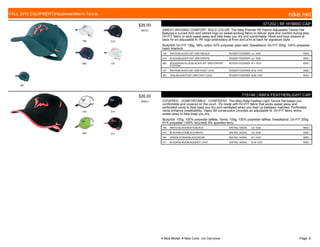 106 010
460 107
307
$26.00
W5721
371202 | RF HYBRID CAP
SWEAT-WICKING COMFORT, BOLD COLOR. The Nike Premier RF Hybrid Adjustable Tennis Hat
features a curved brim and vibrant logo on sweat-wicking fabric to deliver style and comfort during play.
Dri-FIT fabric to wick sweat away and help keep you dry and comfortable. Hook-and-loop closure at
back for an adjustable fit. RF logo embroidery at front and print at back for signature style.
Body/bill: Dri-FIT 158g. 58% cotton 42% polyester plain twill. Sweatband: Dri-FIT 200g. 100% polyester
basic interlock.
106 WHITE/BLACK/FLINT GREY/BLACK ROGER FEDERER c/o -9/30 MISC
010 BLACK/BLACK/FLINT GREY/WHITE ROGER FEDERER c/o -9/30 MISC
460 SQUADRON BLUE/BLACK/FLINT GREY/SPORT
FUCHSIA
ROGER FEDERER 8/1-10/31 MISC
107 WHITE/BLACK/FLINT GREY/HOT LAVA ROGER FEDERER 8/19-10/31 MISC
307 TEAL/BLACK/FLINT GREY/HOT LAVA ROGER FEDERER 8/26-10/31 MISC
100 010
340 011
$26.00
W0031
715146 | RAFA FEATHERLIGHT CAP
COVERED. COMFORTABLE. CONFIDENT. The Nike Rafa Feather Light Tennis Hat keeps you
comfortable and covered on the court. It's made with Dri-FIT fabric that wicks sweat away and
perforated vents to help keep you dry and ventilated when you heat up between matches. Perforated
vents enhance breathability. Vapor bill construction provides an adjustable fit. Dri-FIT fabric wicks
sweat away to help keep you dry.
Body/bill: 100g. 100% polyester taffeta. Vents: 100g. 100% polyester taffeta. Sweatband: Dri-FIT 200g.
91% polyester (100% recycled) 9% spandex terry.
100 WHITE/BLACK/WHITE/BLACK RAFAEL NADAL c/o -9/30 MISC
010 BLACK/BLACK/BLACK/WHITE RAFAEL NADAL c/o -9/30 MISC
340 GREEN STRIKE/BLACK//SOAR RAFAEL NADAL 8/1-10/31 MISC
011 BLACK/BLACK/BLACK/HOT LAVA RAFAEL NADAL 8/19-10/31 MISC
FALL 2015 EQUIPMENT|Headwear|Men's Tennis nike.net
● New Model ■ New Color c/o Carryover Page: 6
 