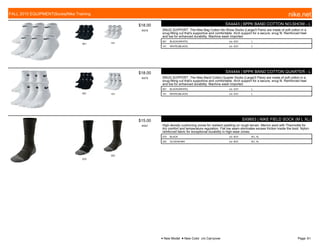 001 101
$18.00
W578
SX4443 | 6PPK BAND COTTON NO-SHOW - L
SNUG SUPPORT. The Nike Bag Cotton No-Show Socks (Large/3 Pairs) are made of soft cotton in a
snug-fitting cut that's supportive and comfortable. Arch support for a secure, snug fit. Reinforced heel
and toe for enhanced durability. Machine wash Imported
001 BLACK/(WHITE) c/o -5/31 L
101 WHITE/(BLACK) c/o -5/31 L
001 101
$18.00
W578
SX4444 | 6PPK BAND COTTON QUARTER - L
SNUG SUPPORT. The Nike Band Cotton Quarter Socks (Large/3 Pairs) are made of soft cotton in a
snug-fitting cut that's supportive and comfortable. Arch support for a secure, snug fit. Reinforced heel
and toe for enhanced durability. Machine wash Imported
001 BLACK/(WHITE) c/o -5/31 L
101 WHITE/(BLACK) c/o -5/31 L
070
322
$15.00
W057
SX9853 | NIKE FIELD SOCK (M L XL)
High-density cushioning zones for resilient padding on rough terrain. Merino wool with Thermolite for
dry comfort and temperature regulation. Flat toe seam eliminates excess friction inside the boot. Nylon-
reinforced fabric for exceptional durability in high-wear zones.
070 BLACK c/o -8/31 M L XL
322 OLIVE/KHAKI c/o -8/31 M L XL
FALL 2015 EQUIPMENT|Socks|Nike Training nike.net
● New Model ■ New Color c/o Carryover Page: 61
 