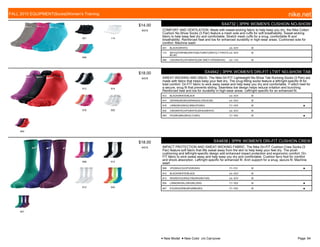 001 114
946
$14.00
W576
SX4732 | 3PPK WOMEN'S CUSHION NO-SHOW
COMFORT AND VENTILATION. Made with sweat-wicking fabric to help keep you dry, the Nike Cotton
Cushion No-Show Socks (3 Pair) feature a mesh sole and cuffs for soft breathability. Sweat-wicking
fabric to help keep feet dry and comfortable. Stretch mesh cuffs for a snug, comfortable fit and
breathability. Reinforced heel and toe for enhanced durability in high-wear areas. Cushioned sole for
comfort. Machine wash
001 BLACK/(WHITE) c/o -5/31 M
114 WHT/(DYNPINK)/WHT/(WLFGREY)/WHT/(LT PHOTO
BLUE)
c/o -5/31 M
946 CW/(WHITE)/VP/(WHITE)/DK GREY HTR/(WHITE) c/o -1/31 M
912 914
918 932
940
$18.00
W578
SX4842 | 3PPK WOMEN'S DRI-FIT LTWT NO-SHOW TAB
SWEAT-WICKING AND SNUG. The Nike Dri-FIT Lightweight No-Show Tab Running Socks (3 Pair) are
made with fabric that helps keep your feet dry. The snug-fitting socks feature a left/right-specific fit for
total comfort. Dri-FIT fabric to wick away sweat and help keep you dry and comfortable. Y-stitch heel for
a secure, snug fit that prevents sliding. Seamless toe design helps reduce irritation and bunching.
Reinforced heel and toe for durability in high-wear areas. Left/right specific for an enhanced fit.
912 BLACK/WHITE/BLACK c/o -5/31 M
914 GERAN/(W)/W/(GERAN)/GLCRICE/(W) c/o -5/31 M
918 LWM/(WH)/WH/(LWM)/VP/(WH) 7/1-10/5 M ■
932 CW/(WHITE)/VP/(WHITE)/DHG/(WHITE) c/o -5/31 M
940 PD/(WH)/BK/(WH)/LC/(WH) 7/1-10/5 M ■
908 912
913 934
947
$18.00
W578
SX4838 | 3PPK WOMEN'S DRI-FIT CUSHION CREW
IMPACT PROTECTION AND SWEAT-WICKING FABRIC. The Nike Dri-FIT Cushion Crew Socks (3
Pair) feature soft fabric that lifts sweat away from the skin to help keep your feet dry. The plush
cushioning and left/right-specific design add enhanced impact protection and ergonomic comfort. Dri-
FIT fabric to wick sweat away and help keep you dry and comfortable. Cushion terry foot for comfort
and shock absorption. Left/right specific for enhanced fit. Arch support for a snug, secure fit. Machine
wash
908 VP/(WH)/CG/(VP)/GR/(WH) 7/1-7/31 M ■
912 BLACK/WHITE/BLACK c/o -5/31 M
913 WH(RDVIO)/WH(CYB)/WH(WLFGR) c/o -5/31 M
934 LWM/(WH)/KL/(WH)/BL/(WH) 7/1-10/5 M ■
947 EG/(WH)/DRB/(WH)/MB/(WH) 7/1-10/5 M ■
FALL 2015 EQUIPMENT|Socks|Women's Training nike.net
● New Model ■ New Color c/o Carryover Page: 64
 