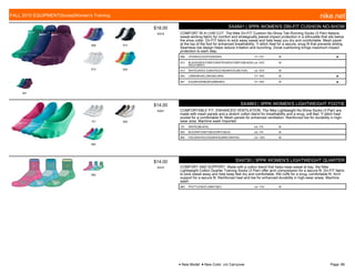 908 912
913 934
947
$18.00
W578
SX4841 | 3PPK WOMEN'S DRI-FIT CUSHION NO-SHOW
COMFORT IN A LOW CUT. The Nike Dri-FIT Cushion No-Show Tab Running Socks (3 Pair) feature
sweat-wicking fabric for comfort and strategically placed impact protection in a silhouette that sits below
the shoe collar. Dri-FIT fabric to wick away sweat and help keep you dry and comfortable. Mesh panel
at the top of the foot for enhanced breathability. Y-stitch heel for a secure, snug fit that prevents sliding.
Seamless toe design helps reduce irritation and bunching. Zonal cushioning brings maximum impact
protection to each step.
908 VP/(WH)/CG/(VP)/GR/(WH) 7/1-7/31 M ■
912 BLACK/(WOLFGREY)/WHITE/(WOLFGREY)/BLACK/(
WOLFGREY)
c/o -5/31 M
913 WHITE/(RDVLT)/WHITE/(CYB)/WHITE/(WLFGR) c/o -5/31 M
934 LWM/(WH)/KL/(WH)/BL/(WH) 7/1-10/5 M ■
947 EG/(WH)/DRB/(WH)/MB/(WH) 7/1-10/5 M ■
101 900
992
$14.00
W007
SX4863 | 3PPK WOMEN'S LIGHTWEIGHT FOOTIE
COMFORTABLE FIT, ENHANCED VENTILATION. The Nike Lightweight No-Show Socks (3 Pair) are
made with mesh panels and a stretch cotton blend for breathability and a snug, soft feel. Y-stitch heel
pocket for a comfortable fit. Mesh panels for enhanced ventilation. Reinforced toe for durability in high-
wear area. Machine wash Imported
101 WHITE/(BLACK) c/o -7/5 M
900 BLK/(WHT)/NET/(BLK)/WHT/(BLK) c/o -7/5 M
992 PSC/(WHITE)/CW/(WHITE)/MNT/(WHITE) c/o -10/5 M
983
$14.00
W576
SX4730 | 3PPK WOMEN'S LIGHTWEIGHT QUARTER
COMFORT AND SUPPORT. Made with a cotton blend that helps keep sweat at bay, the Nike
Lightweight Cotton Quarter Training Socks (3 Pair) offer arch compression for a secure fit. Dri-FIT fabric
to wick sweat away and help keep feet dry and comfortable. Rib cuffs for a snug, comfortable fit. Arch
support for a secure fit. Reinforced heel and toe for enhanced durability in high-wear areas. Machine
wash
983 PP/(TT)/CW/(FL)/MNT/(BC) c/o -1/31 M
FALL 2015 EQUIPMENT|Socks|Women's Training nike.net
● New Model ■ New Color c/o Carryover Page: 66
 