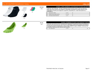 101 907
910
$12.00
W055
SX4861 | 2PPK WOMEN'S LIGHTWEIGHT STUDIO NO-SHOW
COMFORT AND SUPPORT. The Nike Lightweight Studio No-Show Socks (2 Pair) are made with
stretch fabric and a dynamic arch bridge for a comfortable compression fit. Stretch cuffs for a snug,
comfortable fit. Dynamic arch bridge for a supportive, compression fit. Y-stitch heel pocket for a
comfortable fit.
101 WHITE/(WOLF GREY) c/o -7/5 M
907 PINKSICLE/(WHT)/MENTA/(WHT) c/o -10/5 M
910 WHITE(BLACK)/BLACK(WHITE) c/o -7/5 M
311
$7.00
W053
SX4903 | WOMENS STUDIO LIGHTWEIGHT FOOTIE
COMFORT AND VENTILATION. The Nike Studio Lightweight Footie Women's Socks (Small/Medium)
are made with mesh panels and stretch cotton in a foot-hugging profile for breathability and a locked-in
fit. Silicone heel pad for durability and a no-slip fit. Mesh panels for superb ventilation. Reinforced toe
for durability in high-wear area. Machine wash Imported
311 KEY LIME///WHITE 7/1-7/31 M ■
FALL 2015 EQUIPMENT|Socks|Women's Training nike.net
● New Model ■ New Color c/o Carryover Page: 67
 