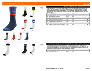 001 101
160 140
028 814 180 484
$12.00
W006
SX4929 | NSW MENS CLASSIC SWOOSH HBR
COMFORTABLE FIT, EXCELLENT IMPACT PROTECTION. The Nike HBR Classic Swoosh Crew
Socks (1 Pair) are made with a stretch cotton blend for comfort and are fully cushioned for superior
shock absorption. Rib cuffs for a comfortable fit. Fully cushioned for comfort and shock absorption.
Reinforced heel and toe for enhanced durability in high-wear areas. Large screen print for bold style.
Machine wash
001 BLACK/WHITE//BLACK c/o -10/5 S-XL
101 WHITE/BLACK//VOLT c/o -10/5 S-XL
160 WHITE/CHALLENGE RED//WHITE c/o -10/5 S-XL
140 WHITE/GAME ROYAL//WHITE c/o -10/5 S-XL
028 DK GREY HEATHER/CARGO KHAKI//LASER
ORANGE
7/1-10/5 S-XL ■
814 TEAM ORANGE/WHITE//MIDNIGHT NAVY 7/1-10/5 S-XL ■
180 WHITE/TEAM ORANGE//WHITE 7/1-10/5 S-XL ■
484 MIDNIGHT NAVY/GAME ROYAL//TEAM ORANGE 7/1-10/5 S-XL ■
019 106
$10.00
W005
SX4759 | NSW MENS CLASSIC STRIPED SINGLE CREW - SINGLE (S,M,L,XL)
COMFORTABLE AND CUSHIONED. Made with a soft cotton blend for comfort, the Nike Classic
Striped Crew Socks (1 Pair) are fully cushioned for superior shock absorption on and off the field. Rib
cuffs for a comfortable fit. Fully cushioned for comfort and shock absorption. Reinforced heel and toe
for enhanced durability in high-wear areas. Machine wash Imported
019 BLACK/DARK GREY//WHITE c/o -10/5 S-XL
106 WHITE/BLACK//SPORT RED c/o -10/5 S-XL
FALL 2015 EQUIPMENT|Socks|Nike Sportswear nike.net
● New Model ■ New Color c/o Carryover Page: 69
 