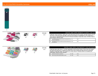 431
909 960
$14.00
W576
SX4739 | NIKE 3PPK WOMEN'S CLASSIC LOW CUT
COMFORT AND SUPPORT. Made with a soft cotton blend and arch support, the Nike Classic Low-Cut
Tab Socks (3 Pair) feel great and offer a secure fit. Rib cuffs for a comfortable fit. Arch support for a
snug, secure fit. Reinforced heel and toe for enhanced durability in high-wear areas. Pull tab at heel for
easy changing. Machine wash
909 WHITE/BLACK/(BLACK)/BLACK/WHITE/(WH)/WHITE/
DK GR HTH/(BLACK)
c/o -7/5 S,M
960 WH/PNKFRC/(PNKFRC)/PNKFRC/WH/(WH)/WH/DKG
RH/(PNKFRC)
c/o -5/31 S,M
967 937
$14.00
W576
SX4755 | NSW 3PPK LIGHTWEIGHT LOGO NO-SHOW
COMFORTABLE AND SNUG. The Nike Lightweight Logo No-Show Socks (3 Pair) have arch support
and reinforced stitching for a supportive fit that's built to last. Reinforced heel and toe for enhanced
durability in high-wear areas. Arch support for a snug, secure fit. Bamboo fibers for durability and
sustainability. Machine wash Imported
967 W/B/HR/(AT)/W/E/D/(L)/G/B/E/(P) c/o -10/5 S-XL
937 W/EL/EL/(EL)/W/PO/LB/(PO)/GREY HTR/V c/o -10/5 S-XL
FALL 2015 EQUIPMENT|Socks|Nike Sportswear nike.net
● New Model ■ New Color c/o Carryover Page: 72
 