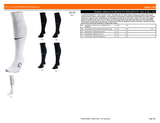 009 060
010
017
110
$22.00
W0011
SX4849 | NIKE ELITE MATCH FIT SOCCER OTC (XS, S, M, L, XL)
LOCKED-DOWN FIT THAT WON'T SLIP. The Nike Dri-FIT Elite Soccer Socks are made with sweat-
wicking stretch fabric and strategic, multi-density cushioning to keep feet comfortable and soften impact
where you need it most. Dynamic arch compression helps lock your foot in place. Anti-slip knit pattern
grips the inside of the boot. Dri-FIT fabric to wick sweat away and help keep feet dry and comfortable.
Zonal-wrap cushioning at the big toe, forefoot and ankle for targeted impact protection. Reinforced heel
and toe for enhanced durability in high-wear areas.
009 BLACK/WOLF GREY/TOTAL ORANGE/TOTAL
ORANGE
c/o -4/30 S-XL
060 BLACK/WOLF GREY/HYPER PINK/HYPER PINK 7/1-7/31 S-XL ■
010 BLACK/WOLF GREY/WHITE/WHITE c/o -1/2 S-XL
017 BLACK/WOLF GREY/VOLT/VOLT c/o -7/2 S-XL
110 WHITE/WOLF GREY/BLACK/BLACK c/o -1/2 S-XL
FALL 2015 EQUIPMENT|Socks|Soccer nike.net
● New Model ■ New Color c/o Carryover Page: 88
 