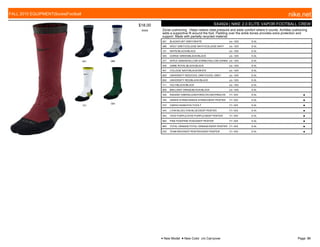 001 066
101
303
$18.00
W009
SX4924 | NIKE 2.0 ELITE VAPOR FOOTBALL CREW
Zonal cushioning. Helps relieve cleat pressure and adds comfort where it counts. Achilles cushioning
adds a supportive fit around the foot. Padding over the ankle bones provides extra protection and
support. Made with partially recycled material.
001 BLACK/FLINT GREY//WHITE c/o -10/5 S-XL
066 WOLF GREY/COLLEGE NAVY//COLLEGE NAVY c/o -10/5 S-XL
101 WHITE/BLACK//BLACK c/o -10/5 S-XL
303 GORGE GREEN/BLACK//BLACK c/o -10/5 S-XL
377 APPLE GREEN/YELLOW STRIKE//YELLOW STRIKE c/o -10/5 S-XL
400 GAME ROYAL/BLACK//BLACK c/o -10/5 S-XL
401 COLLEGE NAVY/BLACK//WHITE c/o -10/5 S-XL
603 UNIVERSITY RED/COOL GREY//COOL GREY c/o -10/5 S-XL
650 UNIVERSITY RED/BLACK//BLACK c/o -10/5 S-XL
711 VOLT/BLACK//BLACK c/o -10/5 S-XL
800 BRILLIANT ORNGE/BLACK//BLACK c/o -10/5 S-XL
330 RADIANT EMERALD/ANTHRACITE//ANTHRACITE 7/1-10/5 S-XL ■
333 GREEN STRIKE/GREEN STRIKE//DEEP PEWTER 7/1-10/5 S-XL ■
372 CARGO KHAKI/VOLT//VOLT 7/1-10/5 S-XL ■
443 LYON BLUE/LYON BLUE//DEEP PEWTER 7/1-10/5 S-XL ■
553 VIVID PURPLE/VIVID PURPLE//DEEP PEWTER 7/1-10/5 S-XL ■
663 PINK POW/PINK POW//DEEP PEWTER 7/1-10/5 S-XL ■
883 TOTAL ORANGE/TOTAL ORANGE//DEEP PEWTER 7/1-10/5 S-XL ■
633 TEAM RED/DEEP PEWTER//DEEP PEWTER 7/1-10/5 S-XL ■
FALL 2015 EQUIPMENT|Socks|Football nike.net
● New Model ■ New Color c/o Carryover Page: 96
 