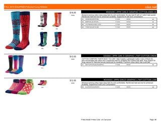 901 932
964 922
$18.00
W058
●SX5008 | 2PPK GIRLS' GRAPHIC COTTON KNEE-HI
Moisture-wicking cotton helps keep feet dry and comfortable. No-slip heel fit with a Y-stitch heel pocket.
Reinforced heel and toe for enhanced durability. Supportive fit with arch compression.
901 WH/BK/(BK)/BK/PP/(BK) 7/1-9/30 XXS-M ■
932 BM/PP/(KL)/KL/PP/(VP) 7/1-9/30 XXS-M ■
964 CP/LPB/(WG)/LPB/VLT/(CP) 7/1-9/30 XXS-M ■
922 TPB/SF/(EG)/SF/HL/(IB) 7/1-9/30 XXS-M ■
971
$12.00
W055
SX4944 | 3PPK GIRL'S GRAPHIC LTWT COTTON CREW
COTTON COMFORT THAT'S BUILT TO LAST. Nike Graphic Lightweight Cotton Crew (3 Pack) for
girls incorporates soft cotton and a reinforced heel for durability and comfort that lasts. Arch support for
snug, secure fit. Heel and toe are reinforced for durability. Premium cotton fabric has a soft feel.
971 BK/VT/(VP)/VP/LB/(CP)/LB/PP/(C 7/1-9/30 XXS-M ■
935
$12.00
W055
●SX5003 | 3PPK GIRLS' GRAPHIC LTWT COTTON LOW
Moisture-wicking cotton helps keep feet dry and comfortable. Reinforced heel and toe for enhanced
durability. Supportive fit with arch compression.
935 KL/(VP)/VP/(GG)/PS/(SF) 7/1-9/30 XXS-M ■
FALL 2015 EQUIPMENT|Socks|Young Athletes nike.net
● New Model ■ New Color c/o Carryover Page: 98
 