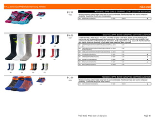 960
$12.00
W055
●SX5004 | 3PPK GIRLS' GRAPHIC LTWT COTTON NO-SHOW
Moisture-wicking cotton helps keep feet dry and comfortable. Reinforced heel and toe for enhanced
durability. Supportive fit with arch compression.
960 BK/(PP)/BK/(VP)/BK/(PP) 7/1-9/30 XXS-M ■
961 942
960 931
941 933 981 972
$16.00
W527
SX4715 | 3PPK BOYS' GRAPHIC COTTON CUSHION
COMFORTABLE AND BUILT TO LAST. The Nike Graphic Crew Boys' Socks (3 Pair) feature plush
cushioning and strategically placed reinforcements in high-wear areas for comfort and durability. Half-
cushion terry foot for comfort and shock absorption. Arch support for a snug, secure fit. Reinforced heel
and toe for enhanced durability in high-wear areas. Machine wash Imported
961 VIVIDPNK/(BK)/WHITE/(VIVIDPNK)/BLACK/(VIVIDPN
K)
c/o -9/30 S, M
942 GROY/WHITE/(GROY)/WHITE/GROY/(WHITE)/BLAC
K/GROY/(BLACK)
c/o -9/30 S, M
960 GR/BLACK/(GR)/WHITE/GR/(WHITE)/BLACK/GR/(B c/o -9/30 S, M
931 EG/(SB)/WH/(SB)/SB/(HL) 7/1-9/30 S, M ■
941 DRB/(HO)/WH/(DRB)/WG/(HO) 7/1-9/30 S, M ■
933 RE/(ANT)/CH/(RE)/BK/(RE) 7/1-9/30 S, M ■
981 BM/(BK)/CH/(TO)/BK/(TO) 7/1-9/30 S, M ■
972 BK/(VT)/WH/(VT)/GH/(VT) c/o -9/30 S, M
910
$12.00
W055
●SX5005 | 3PPK BOYS' GRAPHIC COTTON CUSHION
Moisture-wicking cotton helps keep feet dry and comfortable. Reinforced heel and toe for enhanced
durability. Cushioned terry sole adds comfort.
910 ANT/(GR)/GR/(TO)/GR/(ANT) 7/1-9/30 XXS-M ■
FALL 2015 EQUIPMENT|Socks|Young Athletes nike.net
● New Model ■ New Color c/o Carryover Page: 99
 