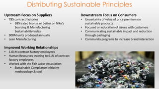 Distributing Sustainable Principles 
Upstream Focus on Suppliers 
• 785 contract factories 
• 68% rated bronze or better on Nike’s 
Sourcing & Manufacturing 
Sustainability Index 
• 900M units produced annually 
• Lean Manufacturing 
Improved Working Relationships 
• 1.01M contract factory employees 
• Human Resources training to 61% of contract 
factory employees 
• Worked with the Fair Labor Association 
• Sustainable Compliance Initiative 
methodology & tool 
Downstream Focus on Consumers 
• Uncertainty of value of price premium on 
sustainable products 
• Focused on education of issues with customers 
• Communicating sustainable impact and reduction 
through packaging 
• Community programs to increase brand interaction 
 
