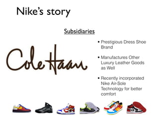Nike’s story
          Subsidiaries
                         • Prestigious Dress Shoe
                           Brand

                         • Manufactures Other
                           Luxury Leather Goods
                           as Well

                         • Recently incorporated
                           Nike Air-Sole
                           Technology for better
                           comfort
 