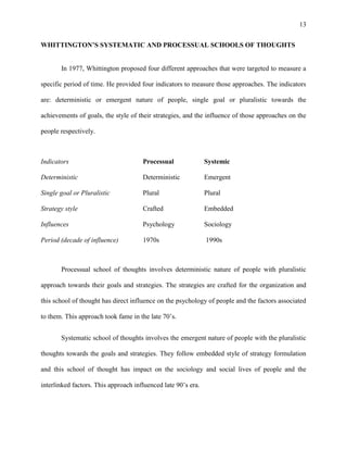 13


WHITTINGTON’S SYSTEMATIC AND PROCESSUAL SCHOOLS OF THOUGHTS


       In 1977, Whittington proposed four different approaches that were targeted to measure a

specific period of time. He provided four indicators to measure those approaches. The indicators

are: deterministic or emergent nature of people, single goal or pluralistic towards the

achievements of goals, the style of their strategies, and the influence of those approaches on the

people respectively.



Indicators                            Processual               Systemic

Deterministic                         Deterministic            Emergent

Single goal or Pluralistic            Plural                   Plural

Strategy style                        Crafted                  Embedded

Influences                            Psychology               Sociology

Period (decade of influence)          1970s                    1990s



       Processual school of thoughts involves deterministic nature of people with pluralistic

approach towards their goals and strategies. The strategies are crafted for the organization and

this school of thought has direct influence on the psychology of people and the factors associated

to them. This approach took fame in the late 70’s.


       Systematic school of thoughts involves the emergent nature of people with the pluralistic

thoughts towards the goals and strategies. They follow embedded style of strategy formulation

and this school of thought has impact on the sociology and social lives of people and the

interlinked factors. This approach influenced late 90’s era.
 
