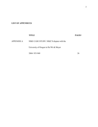 3




LIST OF APPENDICES




               TITLE                                      PAGE#


APPENDIX A     NIKE CASE STUDY: NIKE’S dispute with the


               University of Oregon in De Wit & Meyer


               2004: 933-940                               26
 