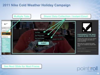 2011 Nike Cold Weather Holiday Campaign


        Multiple Tabs           Share/ Data Collection / Instant Email




See Next Slide for Next Frame

                                                                         10
 