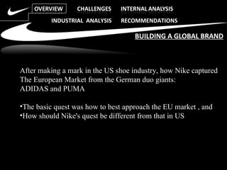 BUILDING A GLOBAL BRAND INDUSTRIAL  ANALYSIS  RECOMMENDATIONS After making a mark in the US shoe industry, how Nike captured The European Market from the German duo giants: ADIDAS and PUMA The basic quest was how to best approach the EU market , and How should Nike's quest be different from that in US 