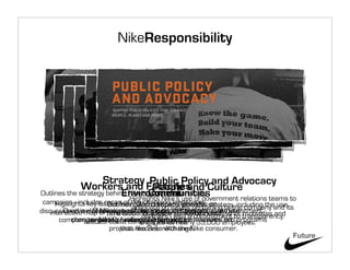 NikeResponsibility




                     Strategy Public Policy and Advocacy
              Workers and Factories Culture
                                     People and
Outlines the strategy behind Nike’s Communities
                           Environmentuse of government relations teams to
                                    social responsibility
                             Highlights Nike’s
 campaign - includes recap of the changing landscape, strategy, including the use
      Highlights key issues facing the company, provides an to the company and its
                        Outlines Nike’s Human Relations
    interactive    Discussion ofadvocate on issues pertaining
discussion of amap of productiontoward combattingto identify what motivates and
         Overview of Nike’samove facilities and includes case investment -
                 closed-loop business model and outlines climate
                         of Global partners - withto commitment to transparency.
                                  Nike’s approach community
                                     Employee survey global
            change - NikeConsidered performance.a 33,000 and programs
       companystudies about company initiatives. initiatives employees.
                 targets to evaluateand product for studies on
                   providing funding Design and case
                                    engages its nearly
                         projects resonate with the Nike consumer.
                             that like GreenXchange.
                                                                                  Future
 