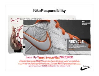 NikeResponsibility




        Lace Up Save Lives with (NIKE)RED
                 Nike Trash Talk
 In 2008, Nike joinedRED™ to create “Lace UpSteve Nash to create the
  Nike partners with forces with NBA All-Star Save Lives,” an initiative
Trash Talk - at fighting AIDS in Africa. To date,from manufacturing waste.
     aimed the first performance shoe made RED™ partners have
             generated over $135 million to the Global Fund.               Future
 