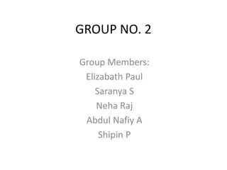 GROUP NO. 2
Group Members:
Elizabath Paul
Saranya S
Neha Raj
Abdul Nafiy A
Shipin P
 