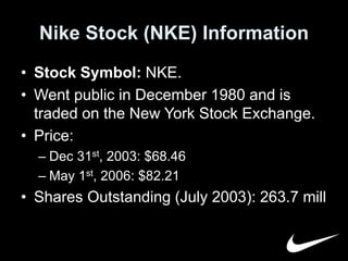 Nike Stock (NKE) Information 
• Stock Symbol: NKE. 
• Went public in December 1980 and is 
traded on the New York Stock Exchange. 
• Price: 
– Dec 31st, 2003: $68.46 
– May 1st, 2006: $82.21 
• Shares Outstanding (July 2003): 263.7 mill 
 