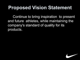 Proposed Vision Statement 
Continue to bring inspiration to present 
and future athletes, while maintaining the 
company's standard of quality for its 
products. 
 