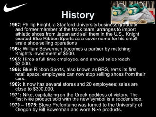 History 
1962: Phillip Knight, a Stanford University business graduate 
and former member of the track team, arranges to import 
athletic shoes from Japan and sell them in the U.S.. Knight 
created Blue Ribbon Sports as a cover name for his small-scale 
shoe-selling operations 
1964: William Bowerman becomes a partner by matching 
Knight's investment of $500. 
1965: Hires a full time employee, and annual sales reach 
$2,000. 
1966: Blue Ribbon Sports, also known as BRS, rents its first 
retail space; employees can now stop selling shoes from their 
cars. 
1969: It now has several stores and 20 employees; sales are 
close to $300,000. 
1971: Nike, capitalizing on the Greek goddess of victory. The 
first Nike product sold with the new symbol is a soccer shoe. 
1970 – 1975: Steve Prefontaine was turned to the University of 
Oregon by Bill Bowerman and wore Nike products. 
 