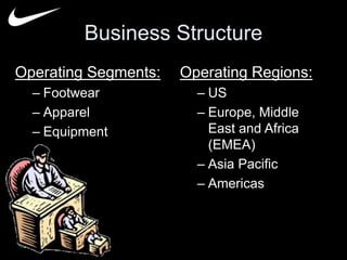 Business Structure 
Operating Segments: 
– Footwear 
– Apparel 
– Equipment 
Operating Regions: 
– US 
– Europe, Middle 
East and Africa 
(EMEA) 
– Asia Pacific 
– Americas 
 